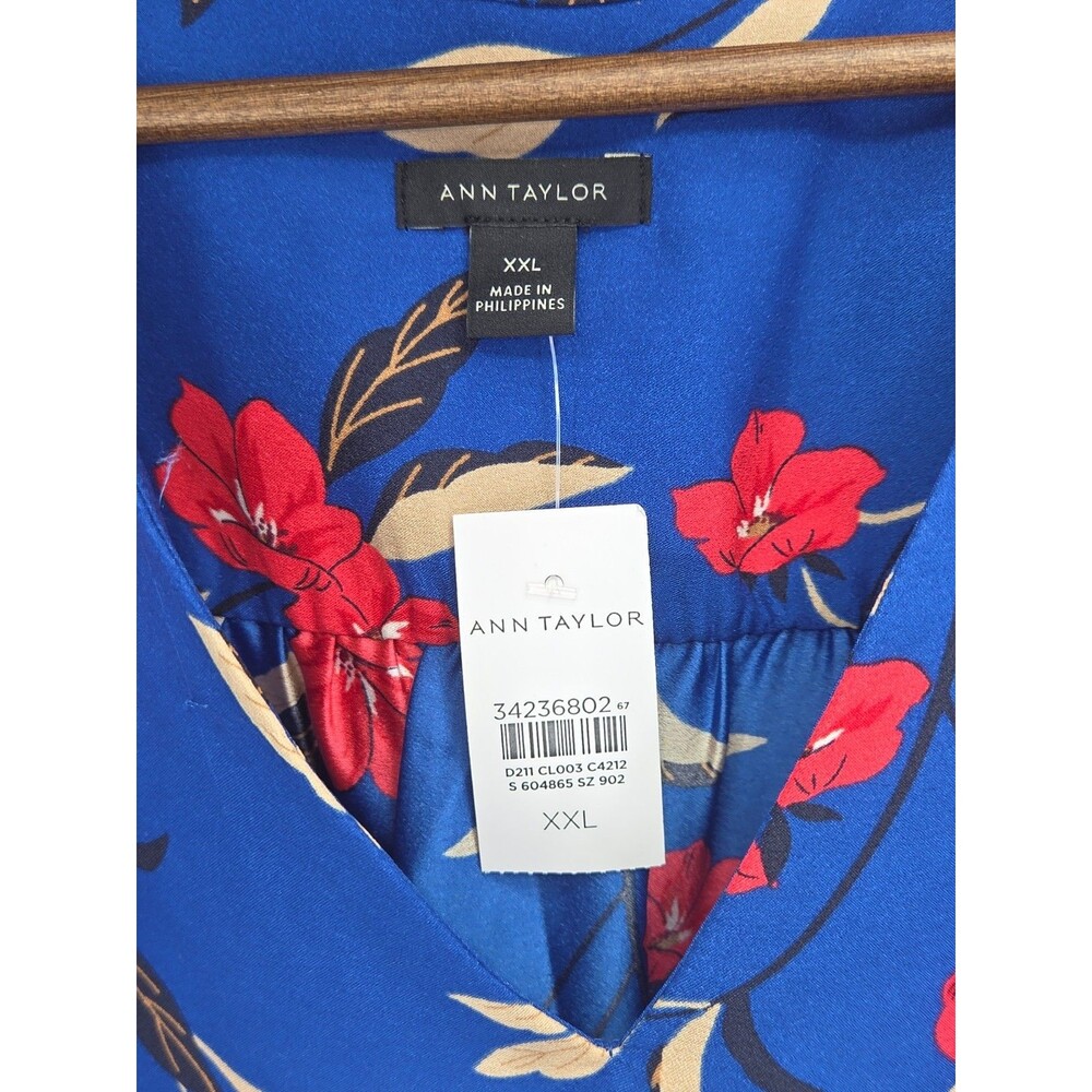 New Ann Taylor Floral V and Tie Neck Blouse Blue Red Long Sleeve Size XXL - Picture 3 of 4